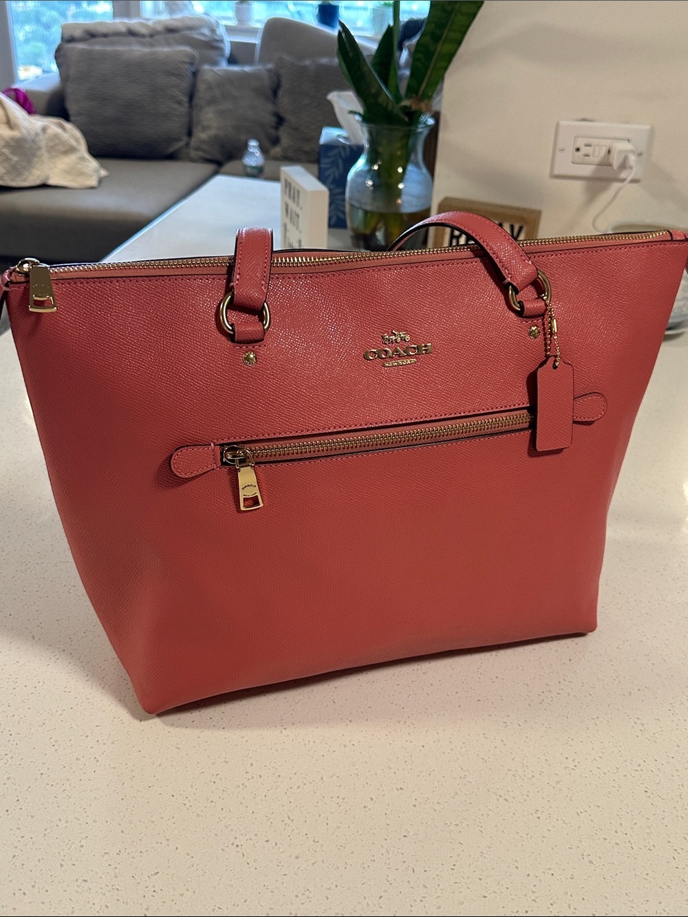 Coach Coral Pink Saffiano Leather Tote with Front Zip